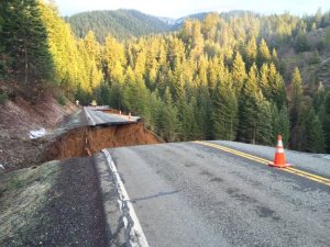 State Route 3 in Trinity County collapsed, as shown in this Caltrans District 2 photo posted March 15, 2016.