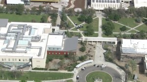 Authorities respond to "several threats" that prompted the evacuation of Valley College on March 30, 2016. (Credit: KTLA)