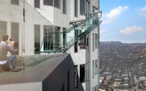 "Skyspace LA" at the U.S. Bank Tower will include a "Skyslide," shown in this rendering. The Skyslide will be 46 feet long, 4 feet wide and made of 1 1/4- inch-thick glass. (Credit: OUE Skyspace LA )
