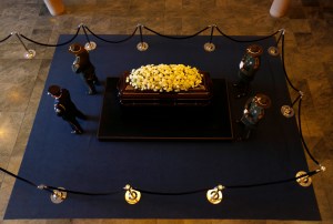 An honor guard stands watch as former first lady Nancy Reagan lies in repose at the Ronald Reagan Presidential Library March 10, 2016 in Simi Valley. (Credit: Mike Blake-Pool/Getty Images)