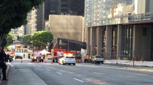 Wilshire Boulevard was blocked off after a construction worker fell from the Wilshire Grand Center tower on March 17, 2016. (Credit: Steve Bloom) 
