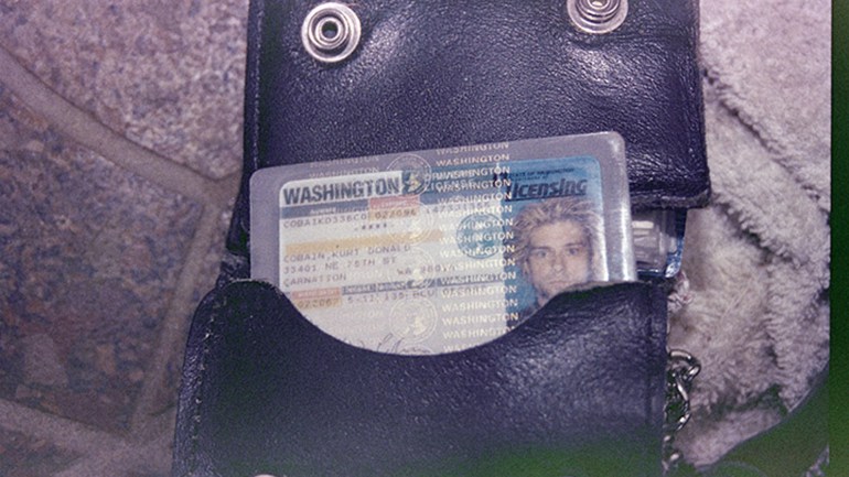 In 2014, 20 years after the singer's death, the Seattle Police Department released photos from the scene where he killed himself, including this photo of his wallet and driver's license. 