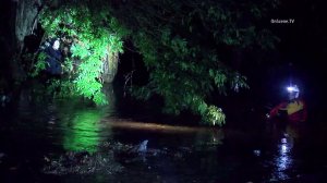 A person clings to a tree in the L.A. River as a water rescue team approaches on March 6, 2016. (Credit: OnScene TV) 