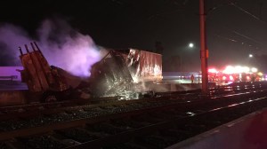 A big rig caught fire after crashing on the 210 Freeway near on March 6, 2016, according to the Pasadena Fire Department, which tweeted this photo. 