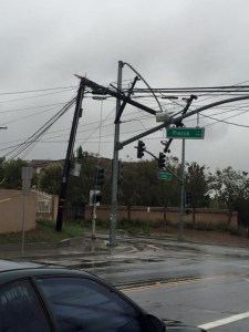 A photo showing a tangle of downed power lines in Riverside was provided to KTLA by Brandon Campbell on March 11, 2016.