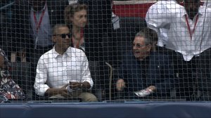 Presidents Barack Obama and Raul Castro before the baseball game between the Tampa Bay Rays and the Cuban National Team in Cuba on March 22, 2016. (Credit: Pool)