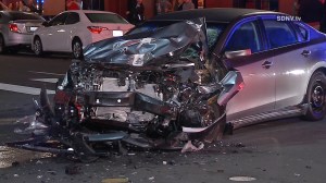An Uber driver was suspected of DUI after crashing into a party bus in San Diego on March 2, 2016. (Credit: SDNV.tv)