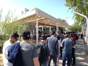 Dozens of people lined up outside Shake Shack when the popular burger chain made its West Hollywood debut on March 15, 2016. (Credit: KTLA)