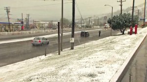 Snow is seen on the ground in Frazier Park on March 7, 2016. (Credit: KTLA)