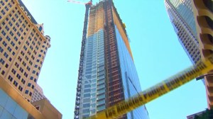 The Wilshire Grand Center is shown on March 17, 2016, after a construction worker fell from the 53rd floor. (Credit: KTLA)