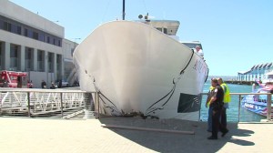 The Adventure Hornblower slams into the concrete seawall in San Diego. (Credit: CNN)