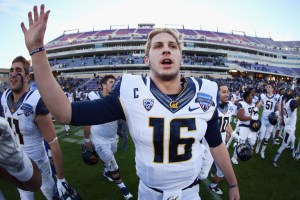 Jared Goff #16 of the California Golden Bears celebrates after beating the Air Force Falcons 55-36 in the Lockheed Martin Armed Forces Bowl at Amon G. Carter Stadium on Dec. 29, 2015, in Fort Worth, Texas. (Credit: Tom Pennington/Getty Images)