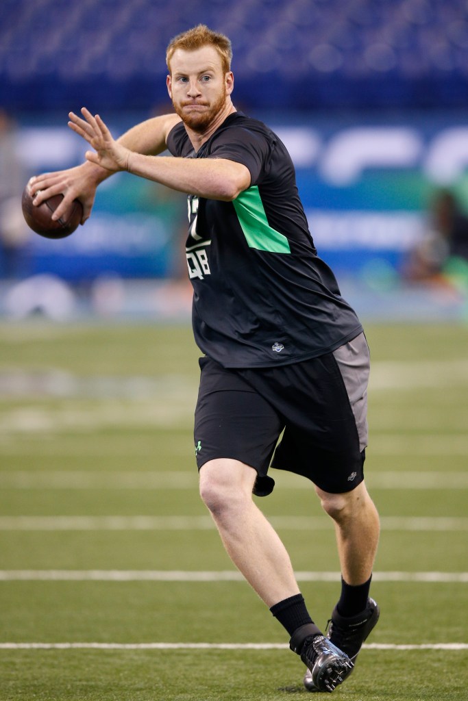 Quarterback Carson Wentz of North Dakota State throws during the 2016 NFL Scouting Combine at Lucas Oil Stadium on Feb. 27, 2016, in Indianapolis. (Credit: Joe Robbins/Getty Images)