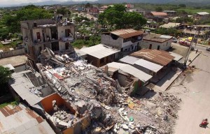 Aerial view of Pedernales, one of Ecuador's worst-hit towns, taken on April 18, 2016, two days after a 7.8-magnitude quake hit the country. (Credit: PABLO COZZAGLIO/AFP/Getty Images)