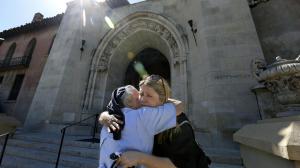In an undated photo, Sister Catherine Rose, left, hugs restaurateur Dana Hollister at the Sisters of the Immaculate Heart of Mary Retreat House in Los Feliz. Hollister bought the property from the nuns, but a judge said that deal was invalid. (Credit: Mel Melcon / Los Angeles Times)