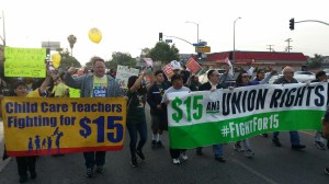 Protesters call for a $15 minimum wage in South L.A. on April 14, 2016, when actions were taking place nationwide. (Credit: KTLA)