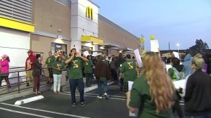 Protesters call for a $15 minimum wage outside a McDonald's in South L.A. on April 14, 2016, when actions were taking place nationwide. (Credit: KTLA)