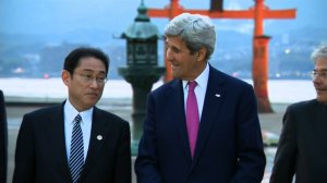 Secretary of State John Kerry and other G7 officials visited the Itsukushima Shrine in Hiroshima, Japan, on April 10, 2016. (Credit: Pool)