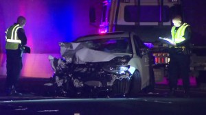 A mangled vehicle ins seen after a three-vehicle crash in Sherman Oaks on April 10, 2016. (Credit: KTLA)