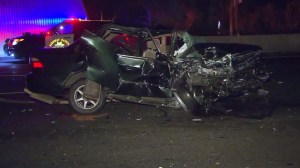 One person died and another was hospitalized after a three-vehicle crash on the 101 Freeway in Sherman Oaks on April 10, 2016. (Credit: KTLA)