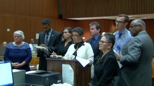 Four social workers charged in the death of Gabriel Fernandez appear in court April 7, 2016, alongside their attorneys. (Credit: KTLA)