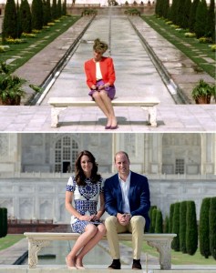 This combination photograph shows (TOP) Princess Diana of Wales as she poses at The Taj Mahal in Agra on February 11, 1992, and (BOTTOM) Britain's Prince William, Duke of Cambridge(R)and Catherine, Duchess of Cambridge as they pose during their visit to The Taj Mahal in Agra on April 16, 2016. (Credit: MONEY SHARMA,DOUGLAS CURRAN/AFP/Getty Images)