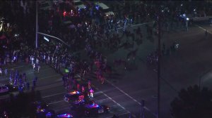 A large crowd of protesters faced off with Trump supporters outside the Pacific Amphitheater on April 28, 2016. (Credit: KTLA)