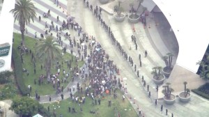 Police form a line outside the Anaheim Convention Center, where Donald Trump was speaking May 25, 2016. (Credit: KTLA)