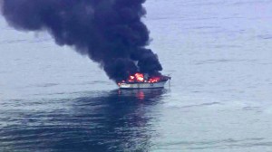 A boat was seen burning off Malibu on May 17, 2016. (Credit: KTLA)