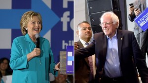 Hillary Clinton speaks in Commerce and Bernie Sanders speaks in Anaheim at events on May 24, 2016. (Credit: left, Justin Sullivan/Getty Images; right, FREDERIC J. BROWN/AFP/Getty Images)