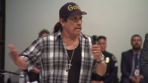 Danny Trejo spoke out at a community meeting held on May 11, 2016, to discuss a massive brawl earlier in the week at Sylmar High School. (Credit: KTLA) 