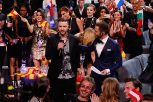 Justin Timberlake and host Mans Zelmerlow are seen at the Ericsson Globe on May 14, 2016, in Stockholm, Sweden. (Credit: Michael Campanella/Getty Images)