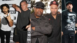 From left: Drummer Brad Wilk, bassist Tim Commerford, rapper Chuck D, guitarist Tom Morello and rapper B Real. (Credit: Getty Images)