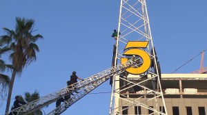 Rescuers spoke to the man more than two hours after he climbed up the KTLA tower on May 11, 2016. (Credit: KTLA