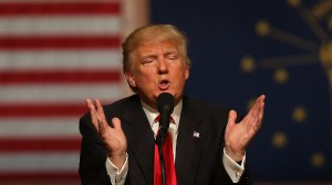 Republican presidential candidate Donald Trump speaks during a campaign stop at the Palladium at the Center for the Performing Arts on May 2, 2016, in Carmel, Indiana. (Credit: Joe Raedle/Getty Images)