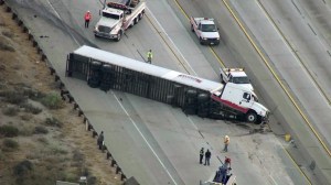 A big rig crash closed all lanes on the southbound 14 Freeway in Agua Dulce on June 8, 2016. (Credit: KTLA) 