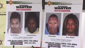 Four people still being sought in connection with a prolific burglary crew are shown in images displayed at a news conference on June 9, 2016. (Credit: KTLA)