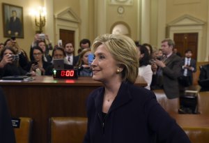 Former Secretary of State and Democratic Presidential hopeful Hillary Clinton leaves after she testified before the House Select Committee on Benghazi on Capitol Hill in Washington, D.C., Oct. 22, 2015. (Credit: SAUL LOEB/AFP/Getty Images)