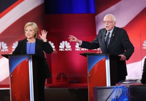 Former Secretary of State Hillary Clinton and Sen. Bernie Sanders participate in a debate hosted by NBC News and YouTube on Jan. 17, 2016, in Charleston, South Carolina. (Credit: Andrew Burton/Getty Images)