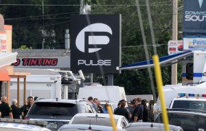 Orlando police officers seen outside of Pulse nightclub after a fatal shooting and hostage situation on June 12, 2016 in Orlando, Florida. (Credit: Gerardo Mora/Getty Images)