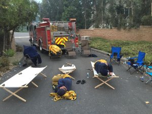 Firefighters from L.A. County strike team get some rest in the Mountain Cove area of Azusa, near the Reservoir Fire, on June 20, 2016. (Credit: Capt. Larry Duran, LACoFD)