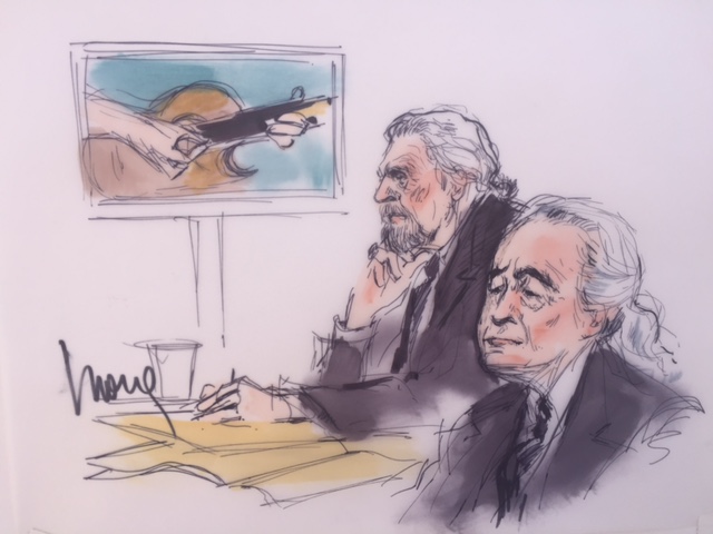 Robert Plant, left, and Jimmy Page are seen in a sketch by Mona S. Edwards appearing in a Los Angeles federal courtroom on June 14, 2016.
