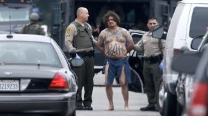 Los Angeles County Sheriff's deputies take into custody a man they believe shot two deputies during a wild foot chase across a residential neighborhood in Bellflower on Friday morning. (Credit: Mark Boster/Los Angeles Times)