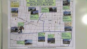 LAPD in May 2011 displayed this map of robberies and killings that five years later led to the convictions of three people. (Credit: KTLA)