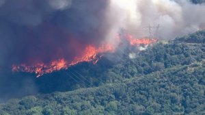 Flames burned up to the base of transmission towers in the San Gabriel Mountains on June 20, 2016. (Credit: KTLA)