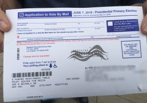 A voter shows a sample ballot pamphlet listing the Paley Center as the designated polling place on June 7, 2016, in a photo provided to KTLA by a viewer.