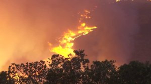 The Sherpa Fire, which broke out west of Goleta on June 15, 2016, burns on a hillside in Santa Barbara County. (Credit: KTLA)