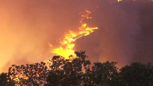 The Sherpa Fire, which broke out west of Goleta on June 15, 2016, burns on a hillside in Santa Barbara County. (Credit: KTLA) 