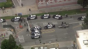 Patrol cars are seen after an active shooter was reported at UCLA on June 1, 2016. (Credit: KTLA) 
