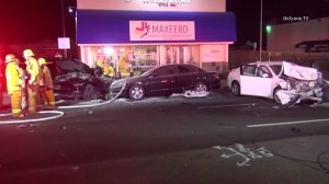 A fiery four-car crash on Ventura Boulevard in Woodland Hills on June 26, 2016, left three people dead. (Credit: OnScene TV)